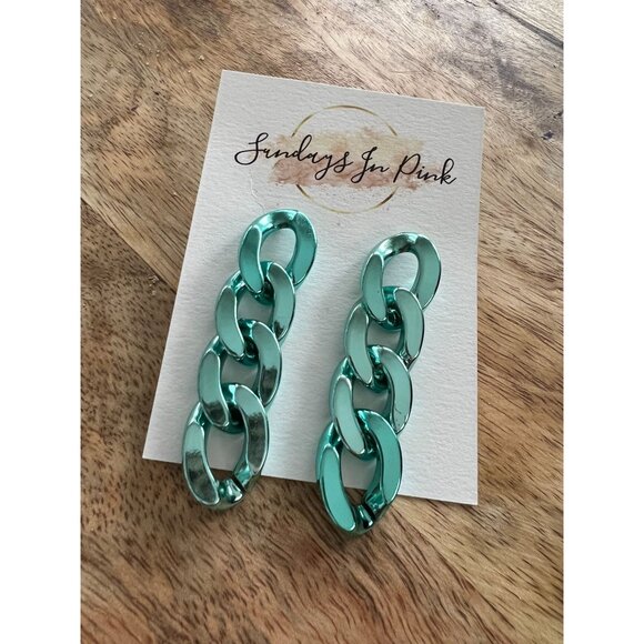 TEAL Aqua Metallic Chain Link Earrings NEW - Picture 1 of 3